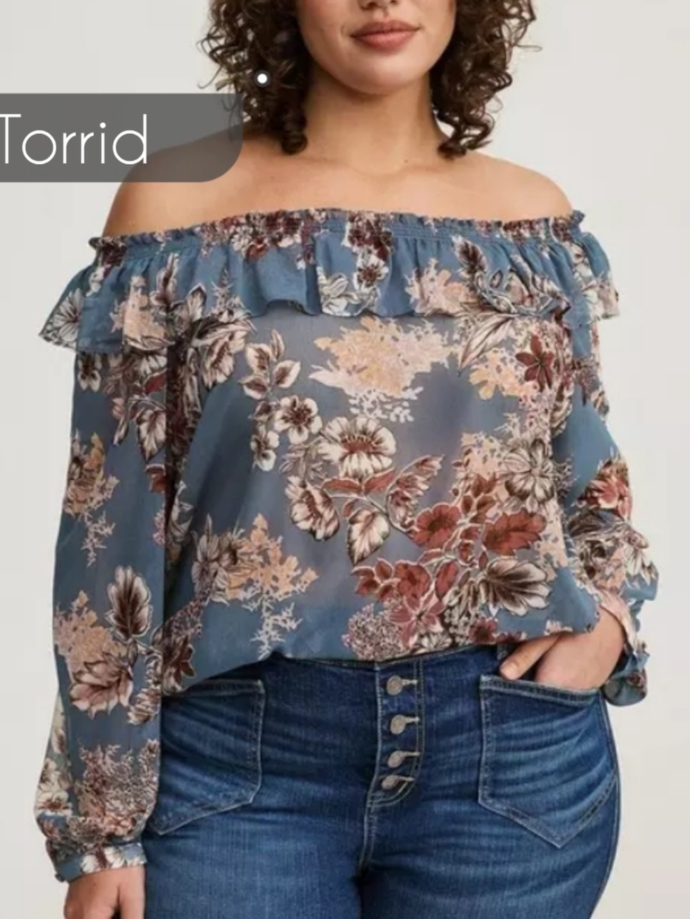 torrid Dusty Blue Floral Off-Shoulder Ruffle Top